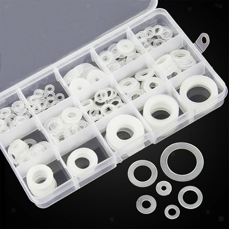250Pcs Durable White Nylon Washer Flat Gasket  Washer Set With Storage Box