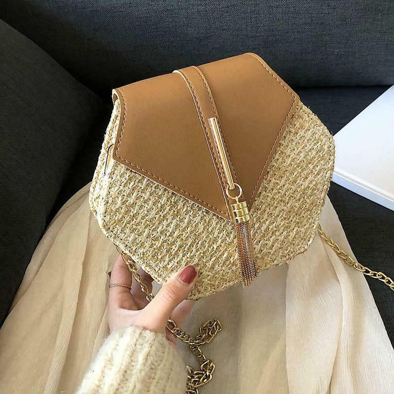 Hex-shape Straw+PU Shoulder Handbags Beach Women Top-handle Bags (Brown) A