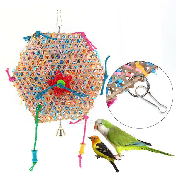 Colorful Bamboo Weave Wooden Swing Parrot Bell Toys Climbing Biting Bird Cage
