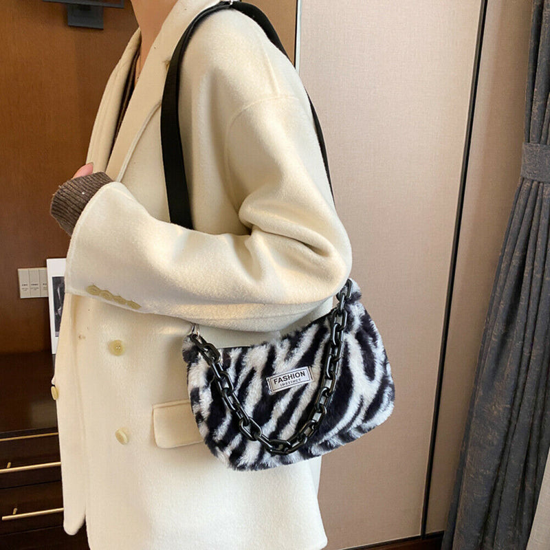Fashion Zebra Print Shoulder Handbag Women Chain Travel Tote Messenger Bag
