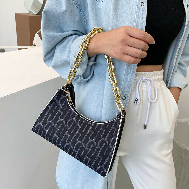 Casual Printed Women Handbag Totes PU Chain Underarm Shoulder Bags (Black) A