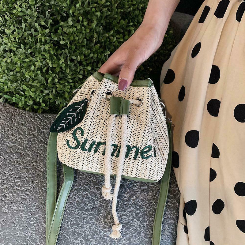 Leaf Decor Shoulder Handbags Women Straw Drawstring Crossbody Bags (Green)