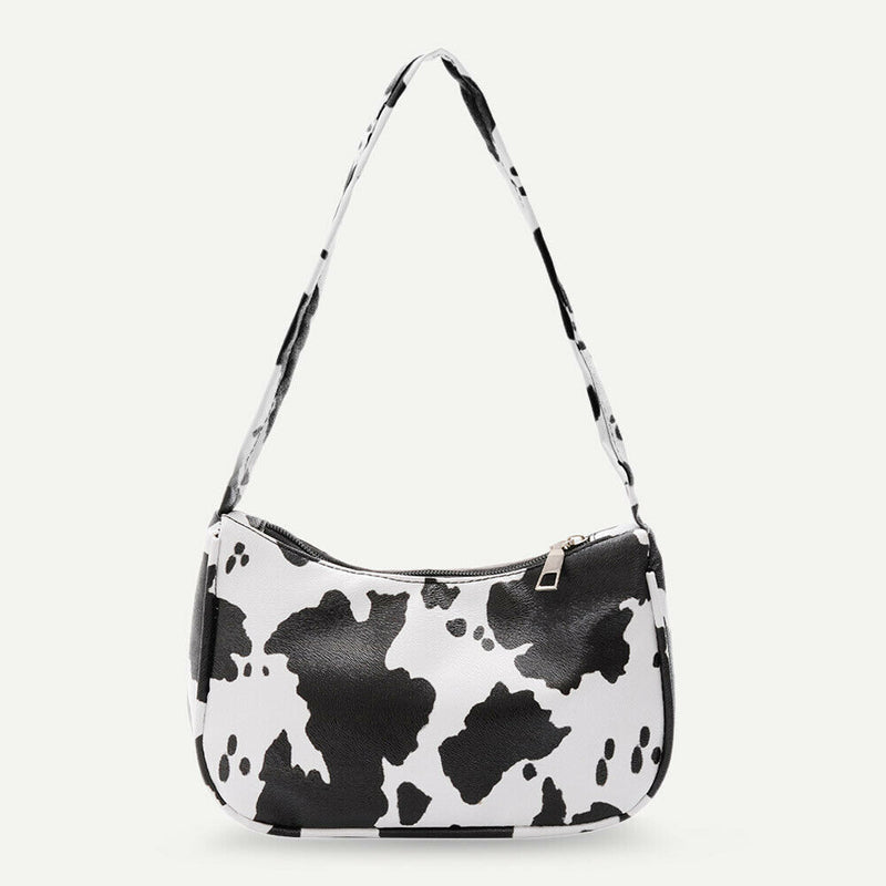 Cow Dot Printed Handbag Women PU Totes Small Underarm Shoulder Bag (White)