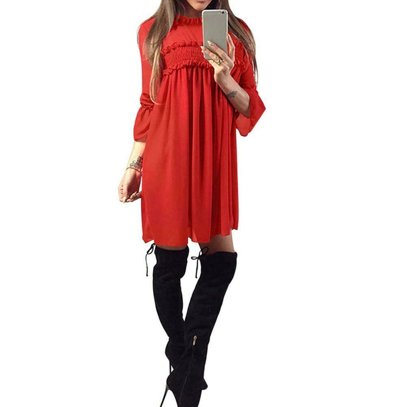Solid Color Loose Straight Dress Pleated Women Chiffon Dresses (Red S) A