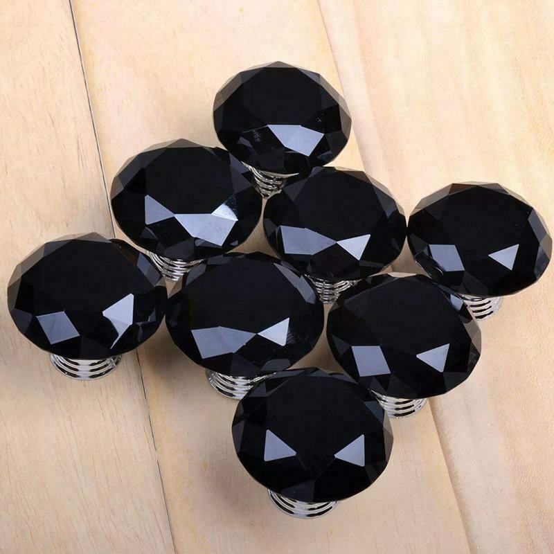 8 X 40mm Diamond Black Crystal Glass Door Cupboard Knobs Pull Handle Drawer S7H9
