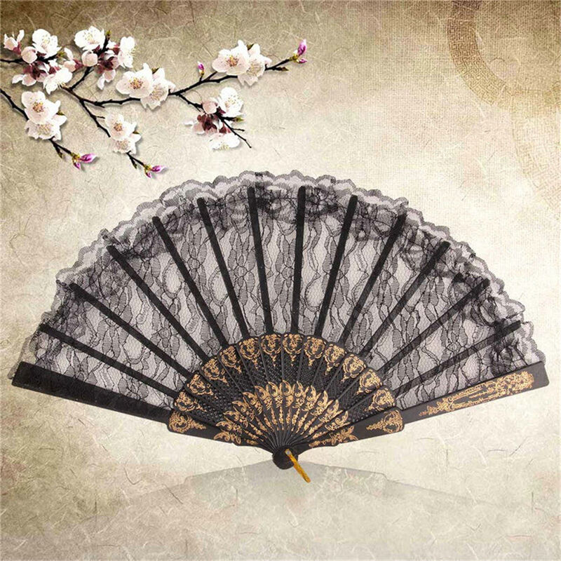 Black Spanish Style Dance Party Wedding Lace Silk Folding Hand Held Flower Fan l