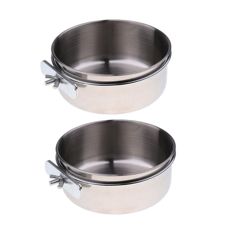 2 Pcs Stainless Steel Cage Coop Hook Cup Bird Dog Animal Food Water Bowl