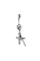 316L Surgical Steel Double Cross Rhinestone Dangle Belly Button Navel Ring  D1L6