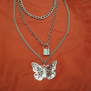Multi-layer Necklace Women Hollow Out Butterfly Lock Choker Pendant Jewelry A