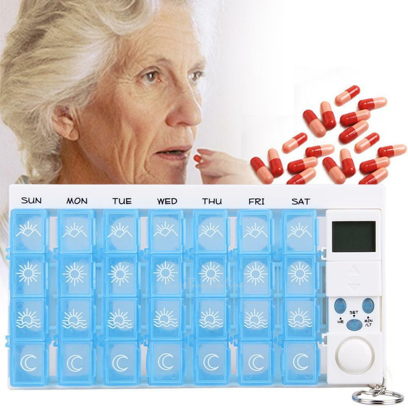 28 Slots 7 Day Weekly Pill Alarm Reminder Case Box Medicine Storage Container