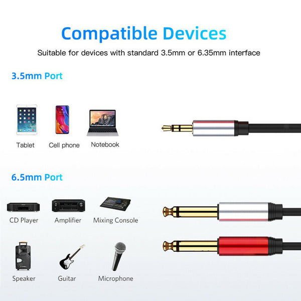 3.5mm 1/8" TRS Stereo to Double 6.35mm 1/4" TS Mono Y Splitter Cable Cord 6FT