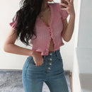 Womens Sexy Solid Color Lace V-Neck Ruffles Ribbed Crop Top Short Sleeve T-shirt