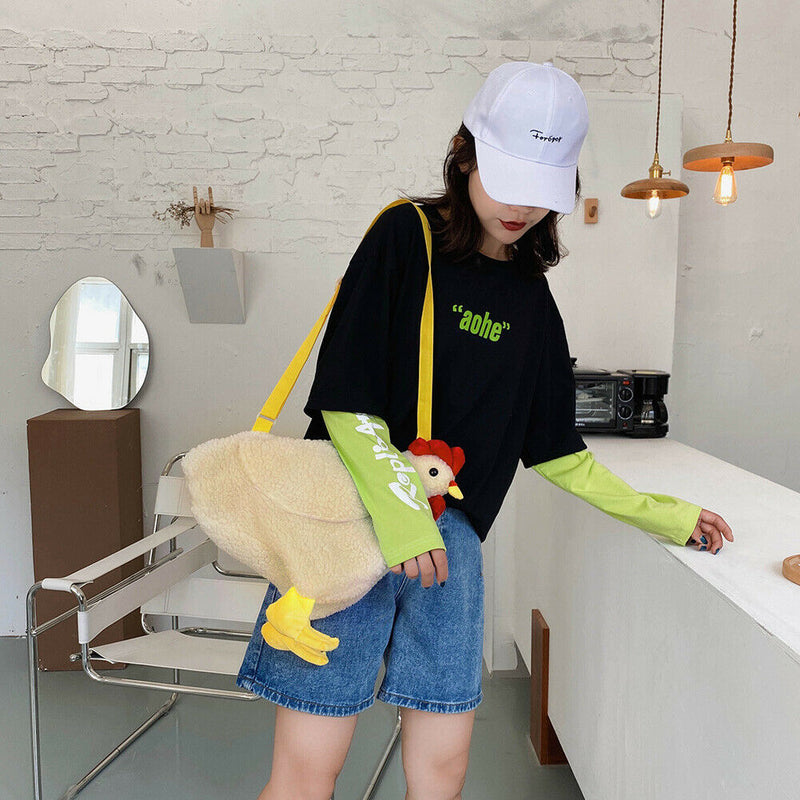 Cute Women Crossbody Purse Cartoon Chicken Shaped Kids Fleece Crossbody Bag