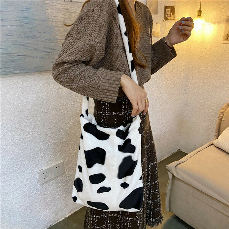 Cow Print Crossbody Bag Plush Women Fashion Big Capacity Shoulder Pouch (1)