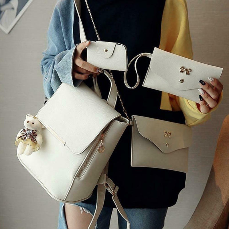 4pcs/Set Women Double Zips Backpack Crossbody Bag Handbag Key Bag(White)