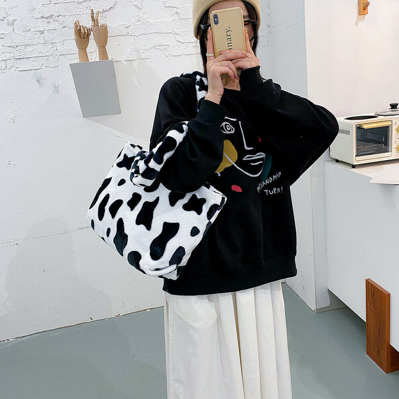 Fashion Cow Print Shoulder Bag Women Plush Totes Large Capacity Handbag (A)