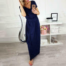 Short Sleeve Women Dress V-neck Binding Women Maxi Dresses (Dark Blue L) A