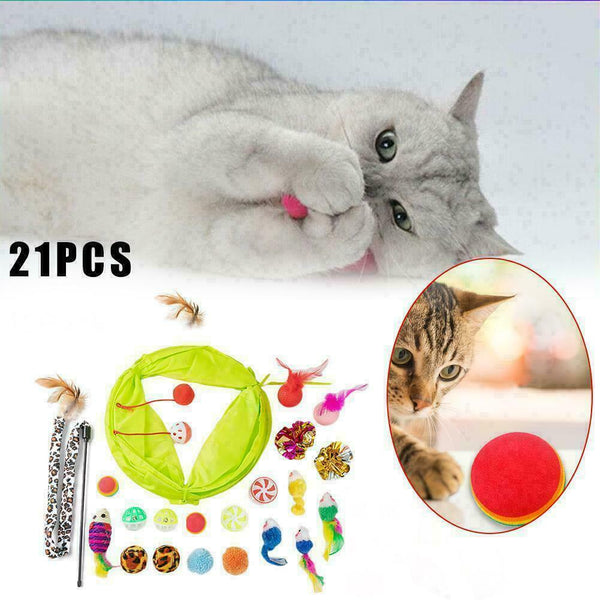 21pcs Funny Pet Tunnel Cat Play Kitten Stick Mouse Cats Stick Ball Toys N4M E0Q5