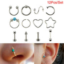 12Pcs/Set Hoop Nose Ear Rings Tragus Cartilage Earrings Piercing Body Jewelry FT