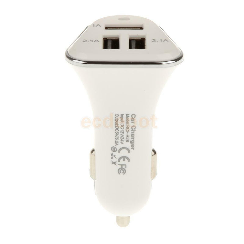White Universal Fast 5.2 Amp Triple USB Ports Adapter Car Charger with Led