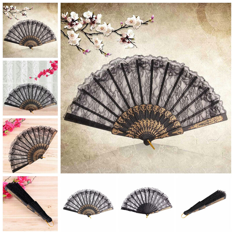 Black Spanish Style Dance Party Wedding Lace Silk Folding Hand Held Flower Fan l