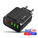 Digital Display USB Charger for Phone Tablet 3 USB Wall Charger (Black EU)