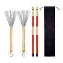 1Pair Rods Drum Sticks + Drum Wire Brushes With Portable Storage Bag Golden