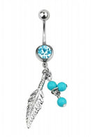 Fashion Crystal Leaf Turquoise Dangle Navel Belly Button Bar Barbell Ring boF9X9
