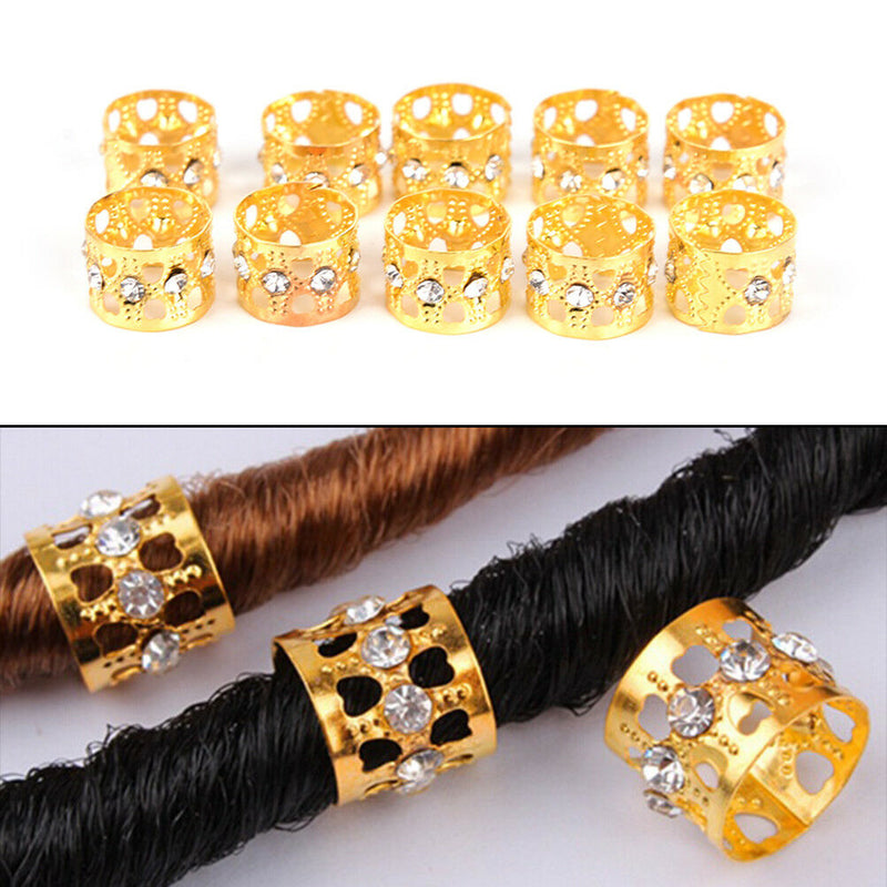 10Pcs Braiding Hair Rings Dreadlock Marley Braids Beads Clips Cuffs Rhinestone Z