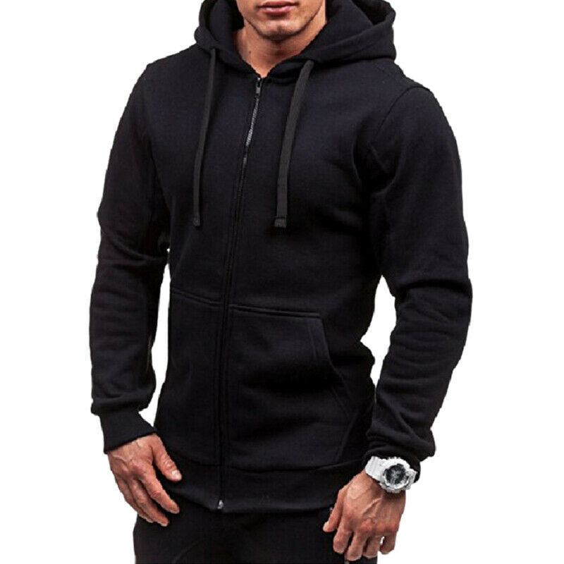 Men Fashion Hip Hop Pocket Zip Up Hooded Sweatshirt Casual Solid Long Sleev R5I6