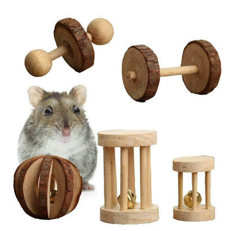Pack of 5 Hamster Chew Toys - Natural Wooden Pine Dumbells Exercise Bell Ro
