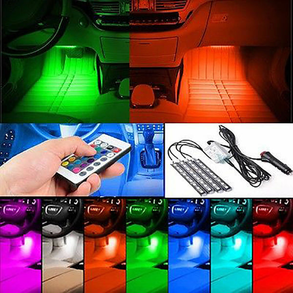4Pcs 9LED Car Interior Floor Atmosphere Light Strip Remote Control Colorful NEW