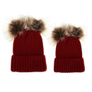 2pcs Parent-offspring Cap Baby Mom Pompon Winter Warm Knit Hat(Wine Red)