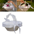 White Satin Lace Wedding Ceremony Flower Girl Basket Bowknot Rhinestone Decor