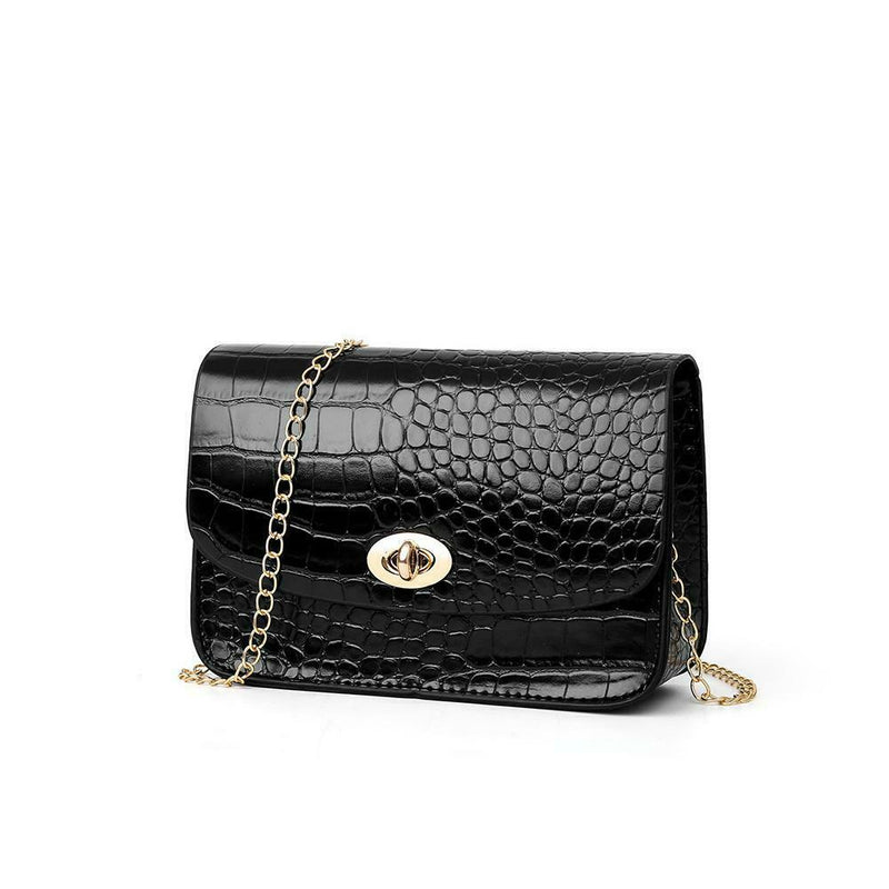 Crocodile Leather Messenger Bag Women Retro Purse Shoulder Handbag (Black)
