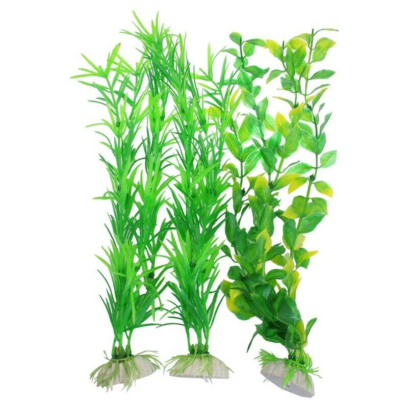 3 Pcs Aquarium Fish Tank Yellow Green Plastic Artificial Plants 13.8" Heigh O3B6
