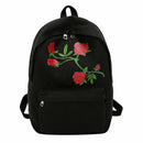 Preppy Chic Women Canvas Flower Embroidery Large Capacity Backpack(Black)