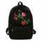 Preppy Chic Women Canvas Flower Embroidery Large Capacity Backpack(Black)
