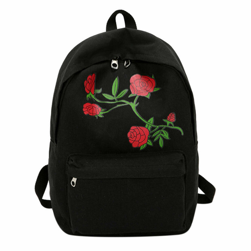 Preppy Chic Women Canvas Flower Embroidery Large Capacity Backpack(Black)