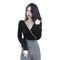 Women Autumn Long Sleeve Solid V-Neck Bandage Sexy Crop Tops (Black XL)