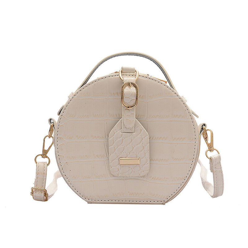 Women Round Shoulder Bag Alligator PU Circle Zip Crossbody Handbag (Beige)