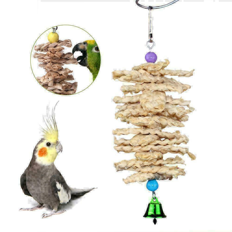 Parrot Bird Wooden Grass Chewing Bite Hanging Cage Bell Swing Climb Pet-Sup G0P0