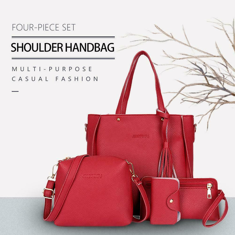 4pcs/Set Lichi Leather Tassels Women Tote Shoulder Clutch Card Bags (Red)