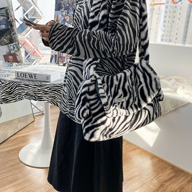 Autumn Zebra Pattern Shoulder Crossbody Bag Women Plush Large Capacity Tote