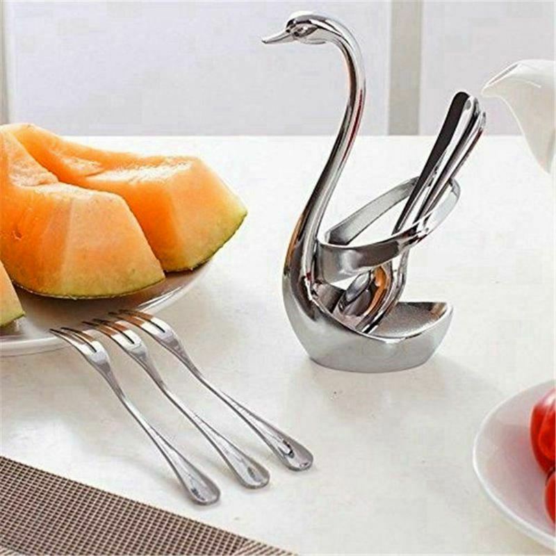 Swan Base Holder With Fruit/ Dessert Fork Cake Spoon Set Pastry Forks Creat W6Q2