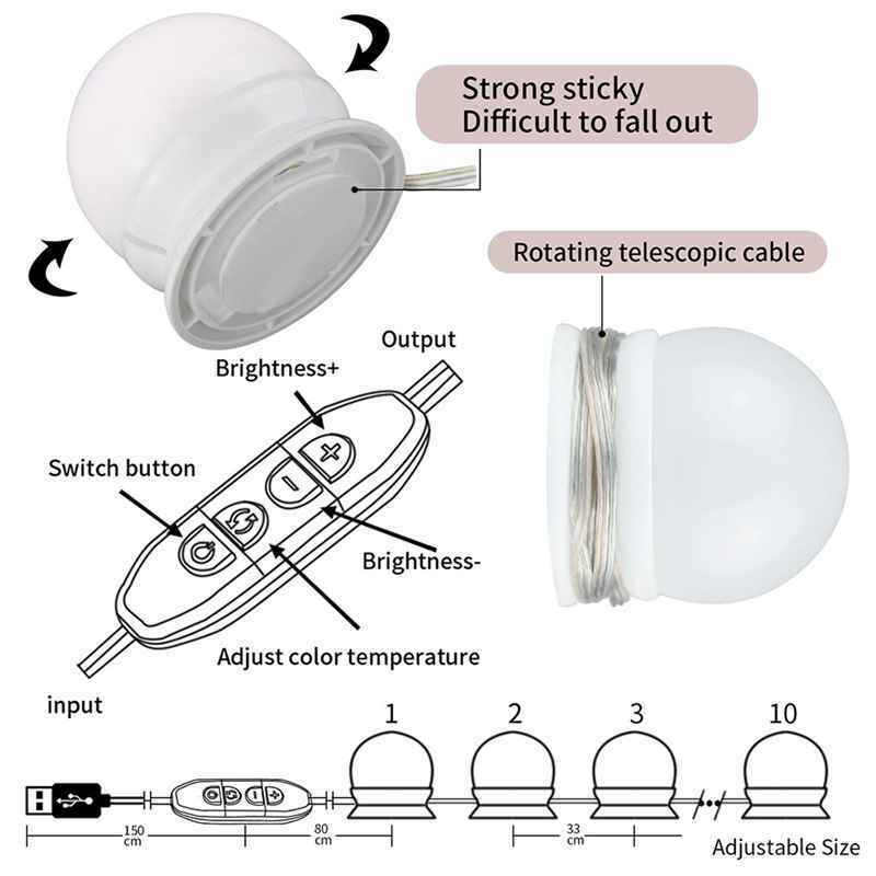 Usb Powered Dimmable 10w Bulb Hollywood Led Makeup Mirror Light Led Vanity  Z3T6