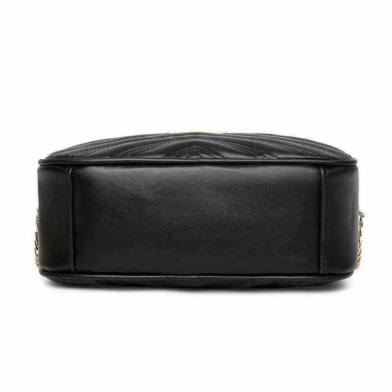 Women Simple Leather Crossbody Bag Chain Shoulder Messenger Handbag (Black) A