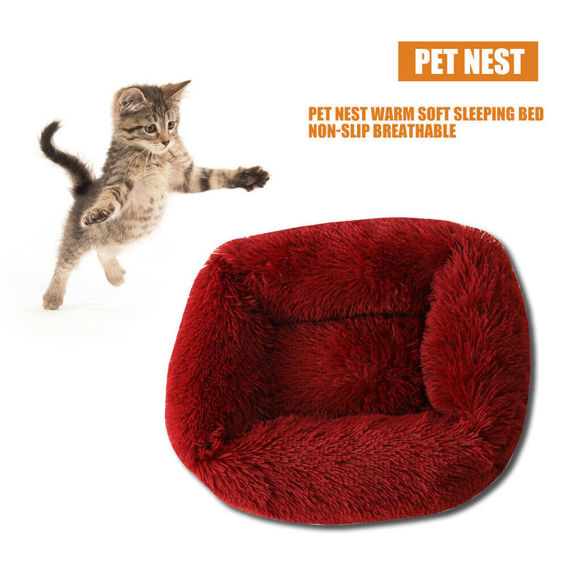 Pet Nest Soft Plush Kennel Dog Bed Warm House Puppy Cushion (Wine Red XS) A