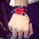 Fashion Lady Double Layer Full Rhinestone Lip Lipstick Leather Bracelet Red