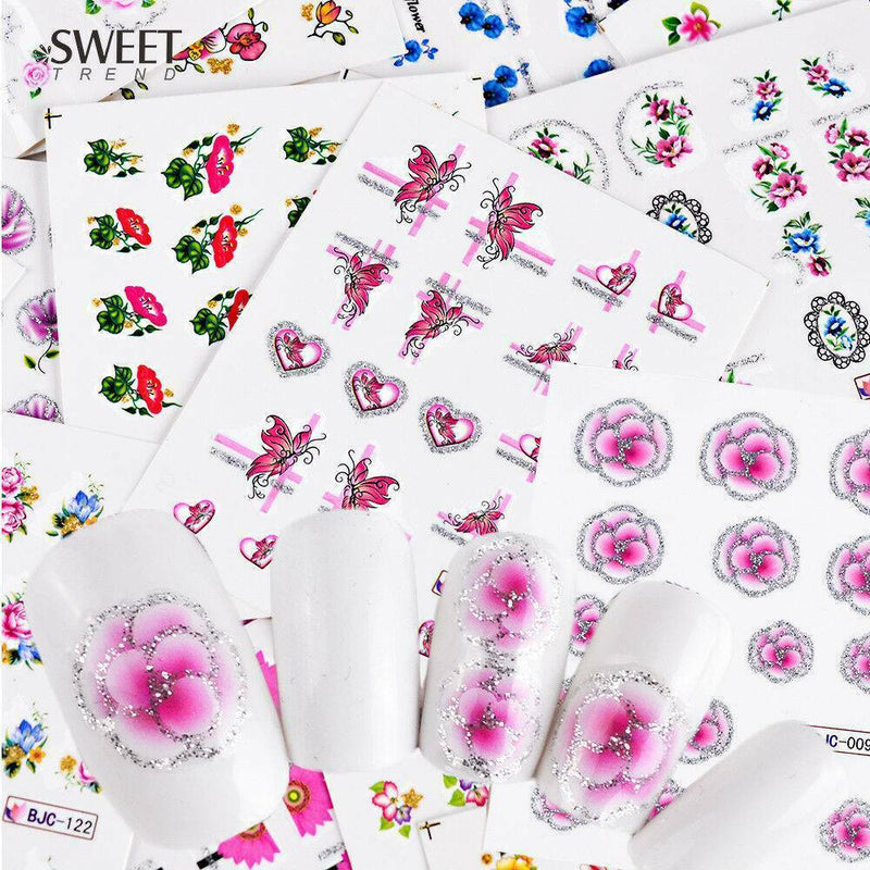 55Pcs Cherry Nail Water Decals Flower Butterfly Nail Art Transfer Stickers Decor